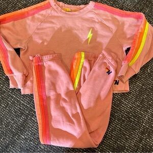 Aviator Nation Cropped Pink Lightning Sweatshirt, Sweatpant Set